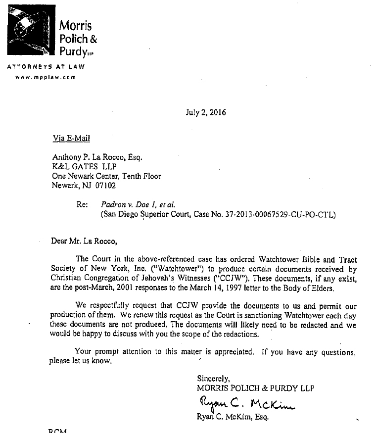 July 2, 2016 Letter from Watchtower Attorneys to CCJW
